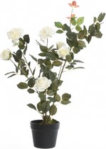 Groene/witte Rosa/rozenstruik kunstplant 80 cm in zwarte plastic pot - Kunstplanten/nepplanten