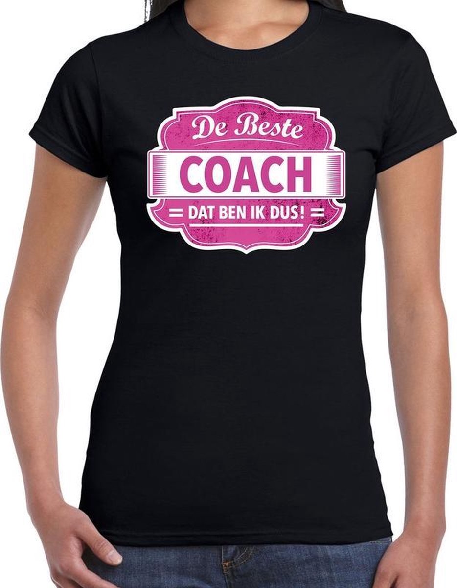 Afbeelding van product Bellatio Decorations  Cadeau t-shirt voor de beste coach voor dames - zwart met roze - coachs - kado shirt / kleding - moederdag / collega M  - maat M