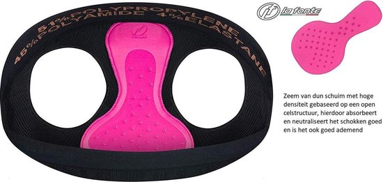 Fietsbroek met anatomisch gevormde zeem van dun schuim, roze met noppenstructuur.