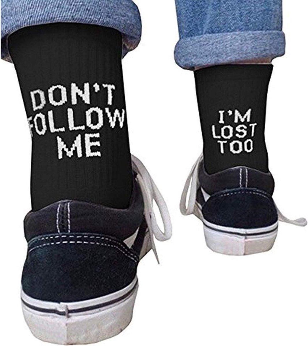 Sokken met grappige tekst: Don’t Follow Me, I'm lost too - Zwarte Sportsokken maat 37-42