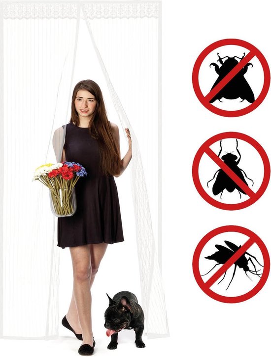 Vrouw met bloemen en hondje in wit deurgordijn. Drie borden met verboden insecten.
