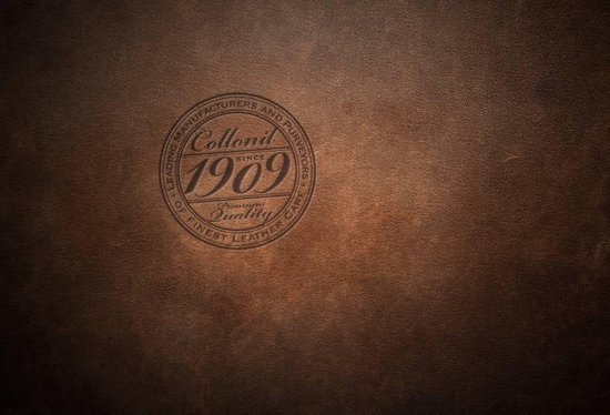 Bruin leer met een rond Collonil 1909 logo erop gedrukt.