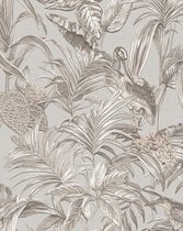 Vogels behang Profhome DE120011-DI vliesbehang hardvinyl warmdruk in reliëf gestempeld met exotisch patroon glanzend grijs wit zilver 5,33 m2