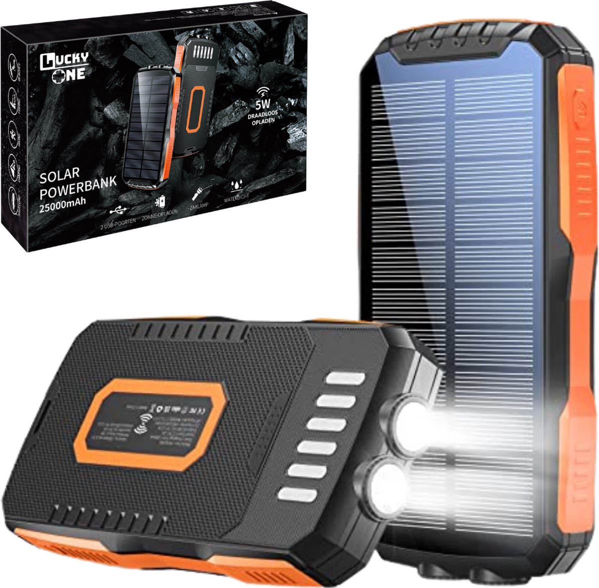 Lucky One Solar powerbank met 25000 mAh batterij - Zonneenergie - Iphone en Samsung - Solar Charger - Fast Charging - USB C & Micro USB - Outdoor - Oranje