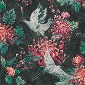 Vogels behang Profhome 374643-GU vliesbehang glad met Toile de Jouy patroon mat zwart rood groen 5,33 m2
