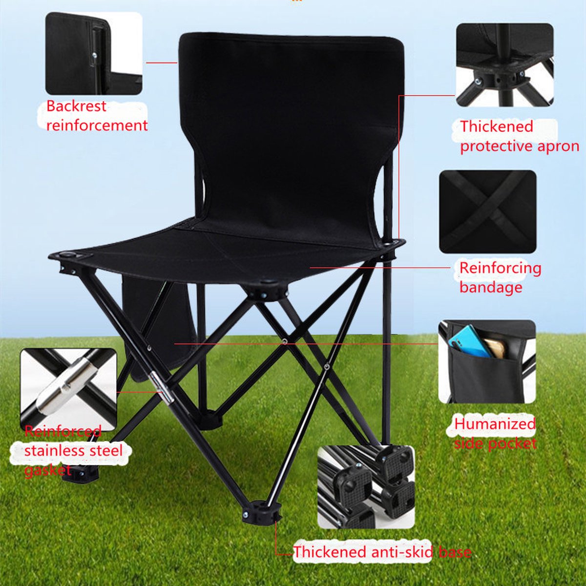 TDR- Campingstoel - Vouwstoel Visstoel – met gratis draagtas- zwart - Tot 150Kg - 45x45x73 zithoogte ca. 40cm