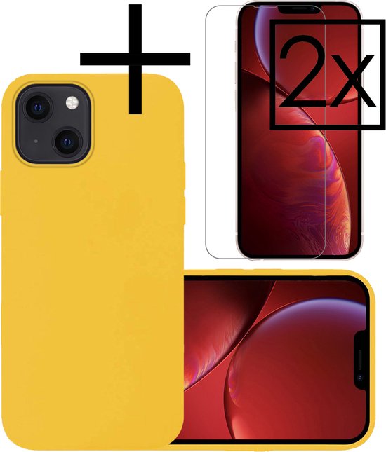 Hoes Geschikt voor iPhone 13 Mini Hoesje Cover Siliconen Back Case Hoes Met 2x Screenprotector - Geel