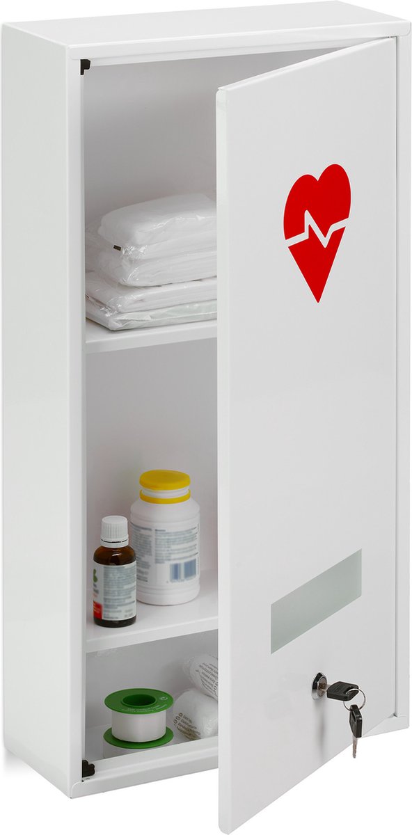 medicijnkast met slot - 3 vakken - staal - 60 x 30 x 12 cm - wit