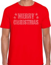 Glitter kerst t-shirt rood Merry Christmas glitter steentjes/ rhinestones voor heren - Glitter kerst shirt/ outfit S