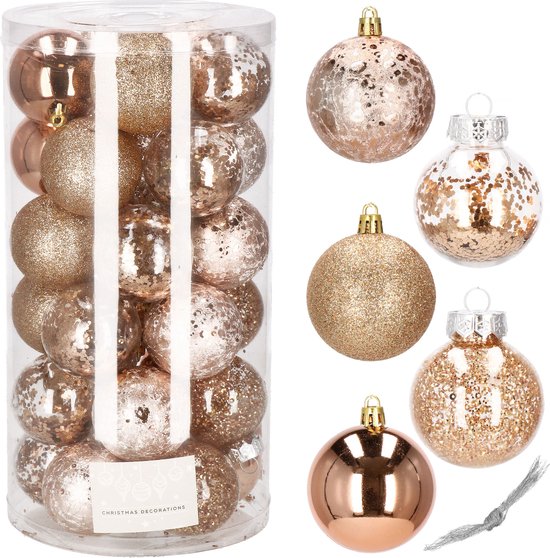 Springos Kerstballen | Kerstversiering | Onbreekbaar | 30 Stuks | 6 cm | Transparant/Roségoud