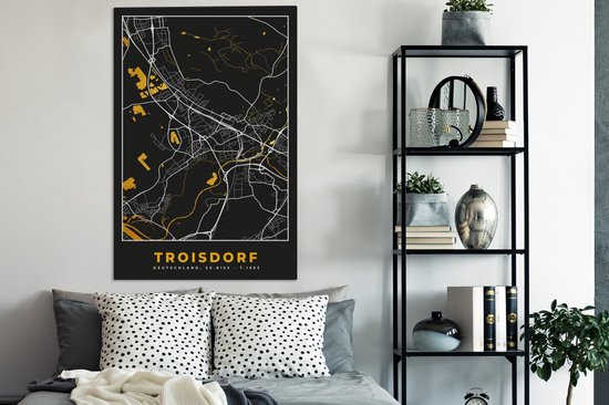 Peinture sur Toile Plan de Ville – Carte – Allemagne – Or – Troisdorf – Carte - 80x120 cm - Décoration murale