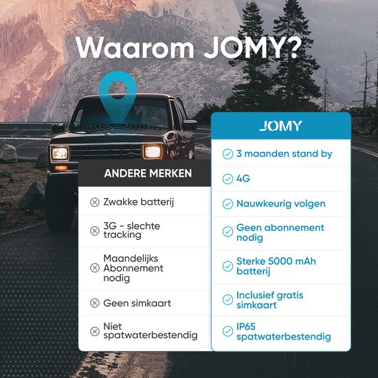 JOMY GPS Tracker – Auto / Vrachtwagen / Scooter / Fiets – Magneet – 5000mAh Accu – Waterproof – Zonder Abonnement