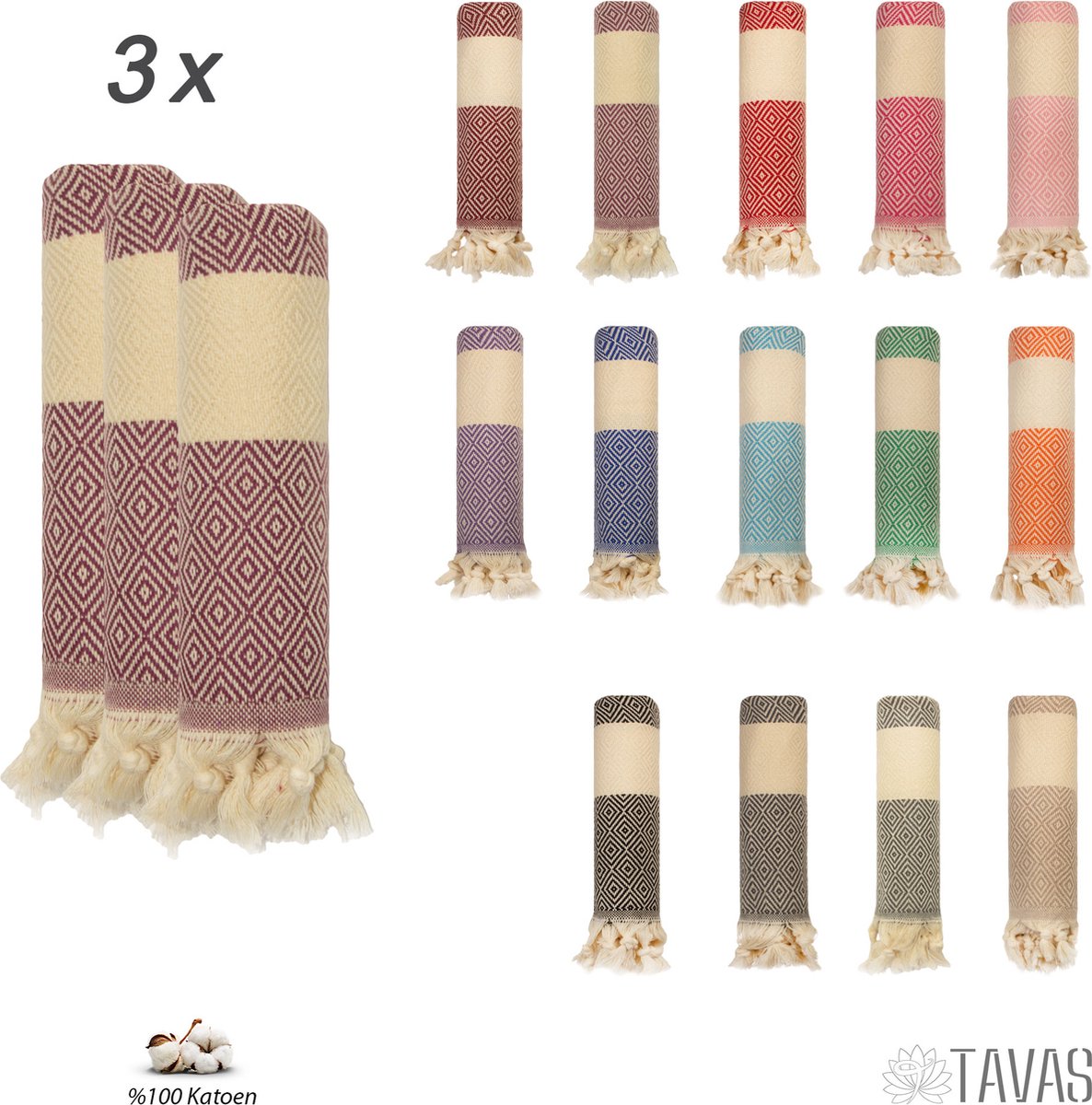 Tavas Set van 3 Mini Hamamdoek - Handdoek 100% Katoen Spa- Saunadoek Strandlaken 50x90 cm Paars