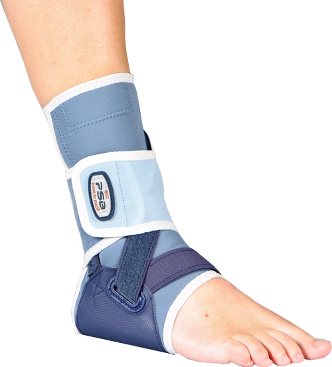 PSB enkelbrace voor links, maat S, dunne en nauwsluitende voetbalschoen brace in blauw en zwart.