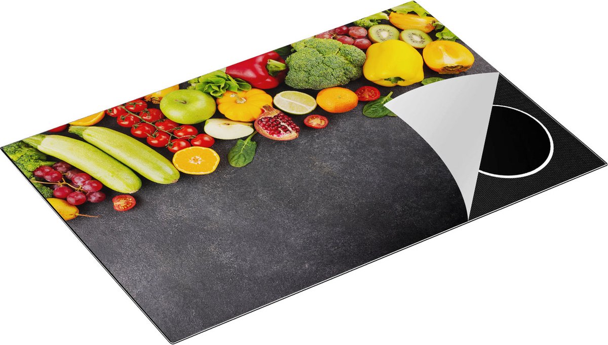 Chefcare Inductie Beschermer Groente en Fruit op Zwarte Marmer - 80x55 cm - Afdekplaat Inductie - Kookplaat Beschermer - Inductie Mat