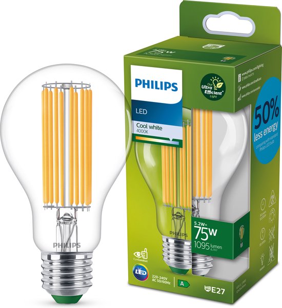 Philips Ultra Efficient LED lamp Transparant - 75 W - E27 - Koelwit licht