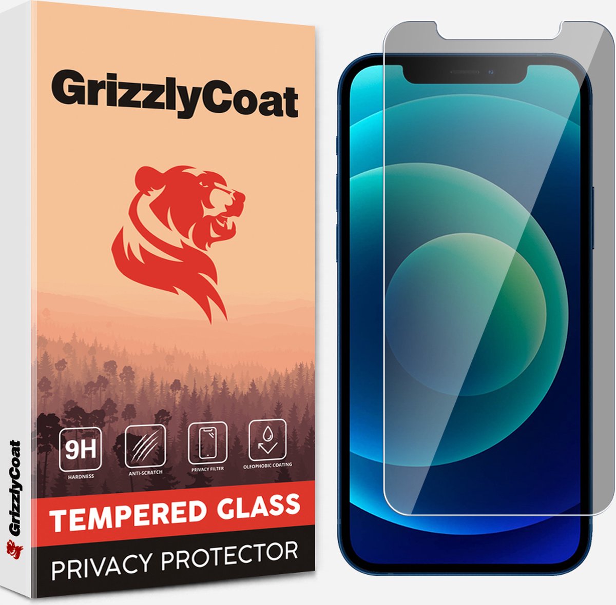 GrizzlyCoat Easy Fit AntiSpy Screenprotector geschikt voor Apple iPhone 12 Mini Glazen Screenprotector Privacy - Case Friendly + Installatie Frame