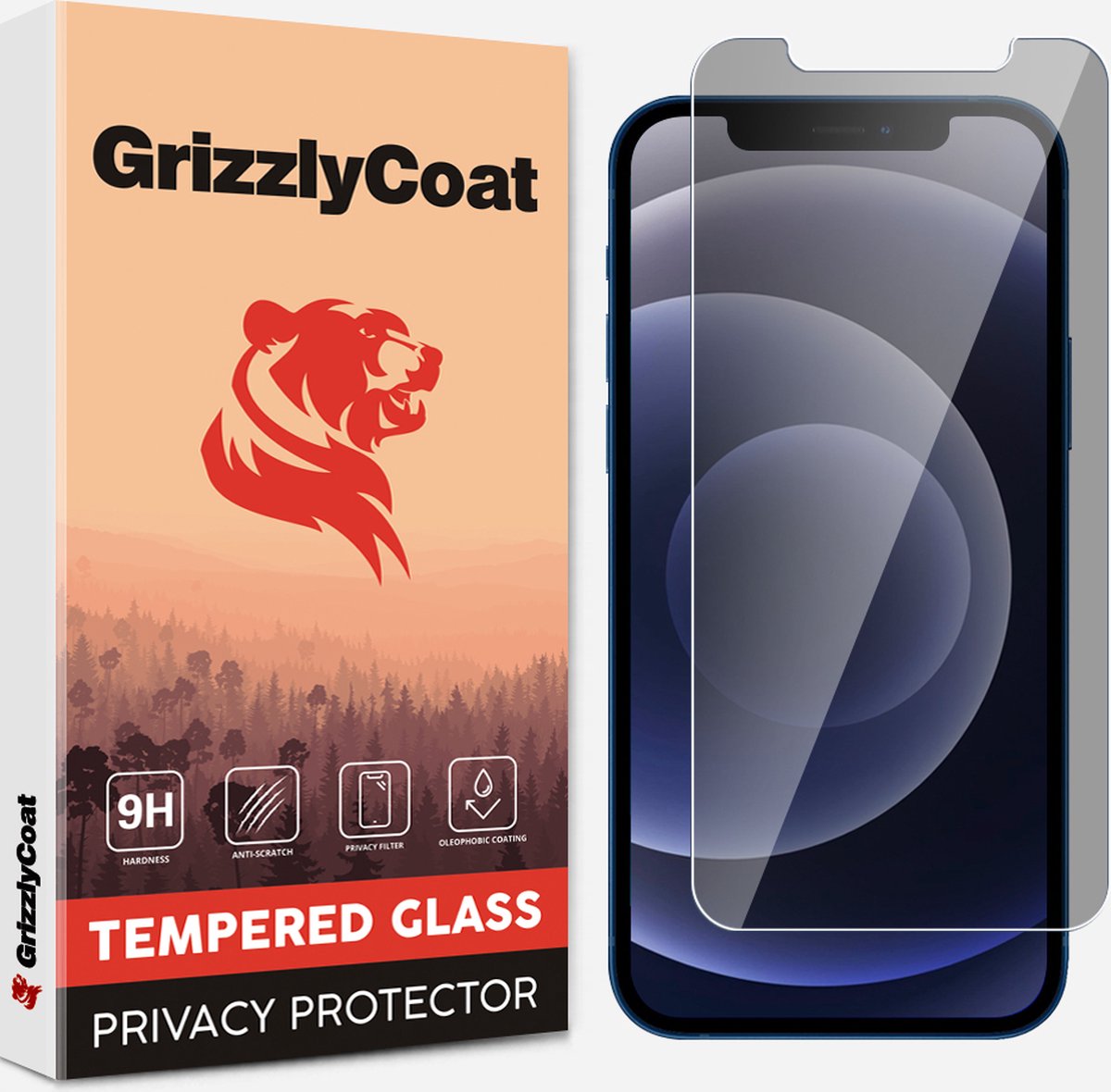 GrizzlyCoat Easy Fit AntiSpy Screenprotector geschikt voor Apple iPhone 12 Pro Max Glazen Screenprotector Privacy - Case Friendly + Installatie Frame