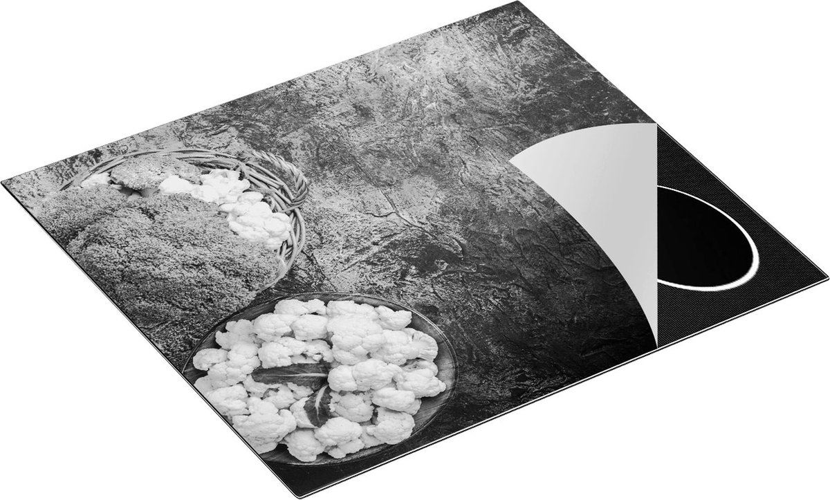 Chefcare Inductie Beschermer Bloemkolen op een Grijze Tafel - Zwart Wit - 57,6x51,6 cm - Afdekplaat Inductie - Kookplaat Beschermer - Inductie Mat