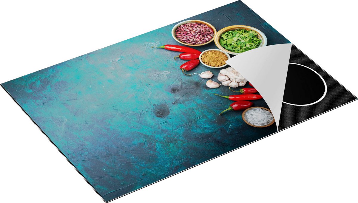 Chefcare Inductie Beschermer Kruiden met Groentes op Groene Marmer - 75x55 cm - Afdekplaat Inductie - Kookplaat Beschermer - Inductie Mat