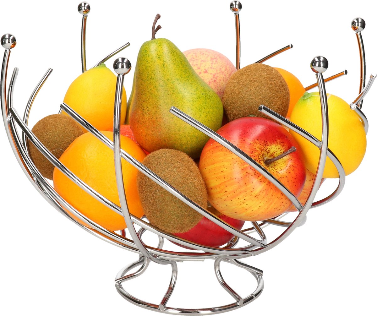 Fruitschaal/fruitmand op voet rond zilver metaal 30 cm - Fruitschalen/fruitmanden - Draadmand van metaal