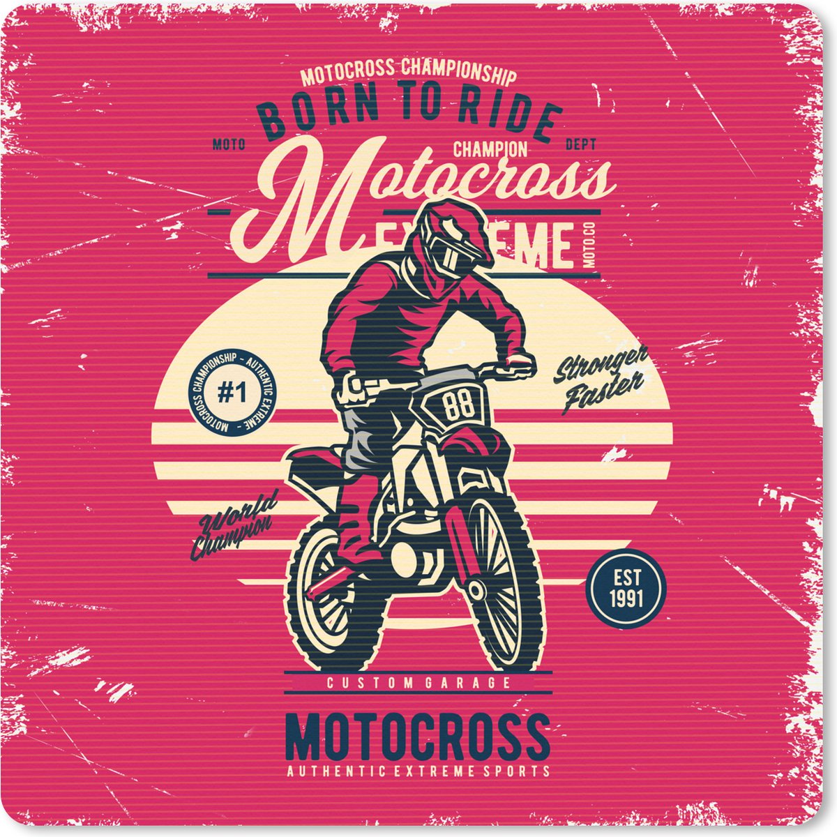 Muismat XXL 60x60 cm - Bureau onderlegger - Bureau mat Motorcross - Man - Tekening - Retro - Bureaumat - Gaming mousepad xl - Bureaulegger groot - Computer deskmat