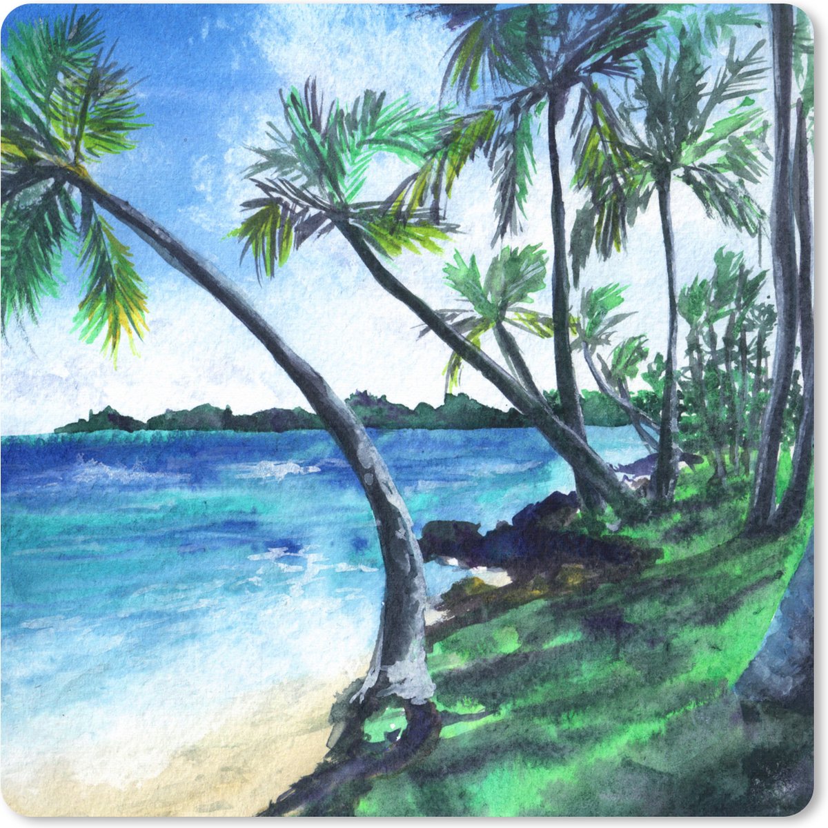 Muismat XXL 50x50 cm - Bureau onderlegger - Bureau mat Palmboom - Strand - Waterverf - Bureaumat - Gaming mousepad xl - Bureaulegger groot - Computer deskmat