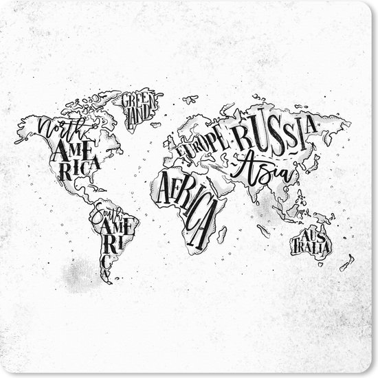 Tapis de souris XXL - Sous-main - Tapis de bureau - Wereldkaart - Zwart - Wit - Lettres - 50x50 cm - Tapis de souris XXL