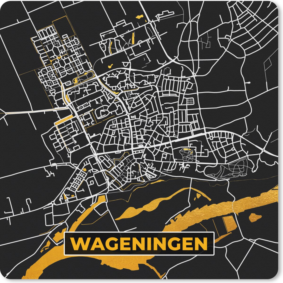 Muismat XXL 60x60 cm - Bureau onderlegger - Bureau mat Stadskaart - Wageningen - Goud - Zwart - Bureaumat - Gaming mousepad xl - Bureaulegger groot - Computer deskmat