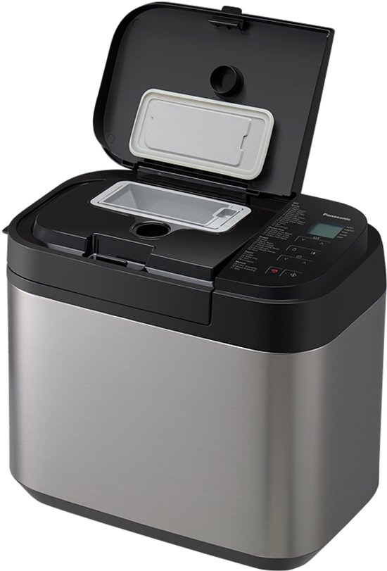 Zilverkleurige broodbakmachine met open deksel en zichtbaar bedieningspaneel.
