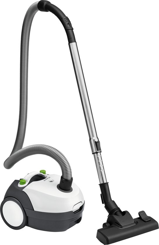 Witte en antracietkleurige stofzuiger met groene knoppen, zuigmond en slang.