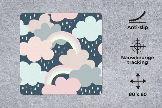 Muismat XXL 80x80 cm - Bureau onderlegger - Bureau mat Regenboog - Wolk - Regen - Kinderen - Patronen - Bureaumat - Gaming mousepad xl - Bureaulegger groot - Computer deskmat
