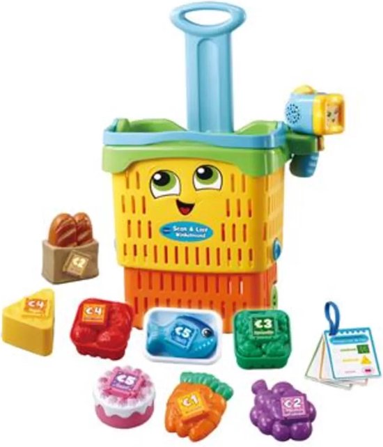 Felgekleurde speelgoedwinkelwagen met scanapparaat en diverse speelgoedboodschappen zoals brood, kaas en fruit.