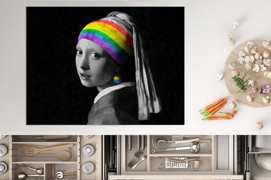 KitchenYeah® Inductie beschermer 70x52 cm - Meisje met de parel - Regenboog - Vermeer - Kookplaataccessoires - Afdekplaat voor kookplaat - Inductiebeschermer - Inductiemat - Inductieplaat mat