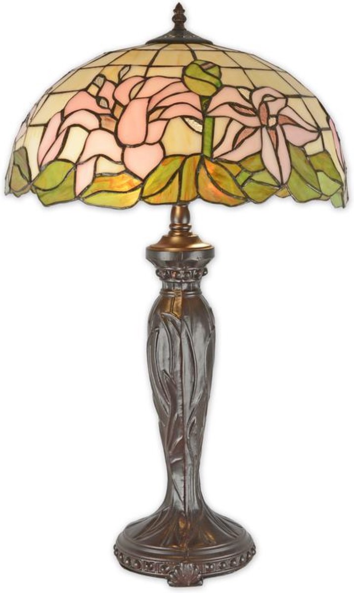 Tiffany tafellamp - Glas in lood - Roze bloemen - licht - 68 cm hoog