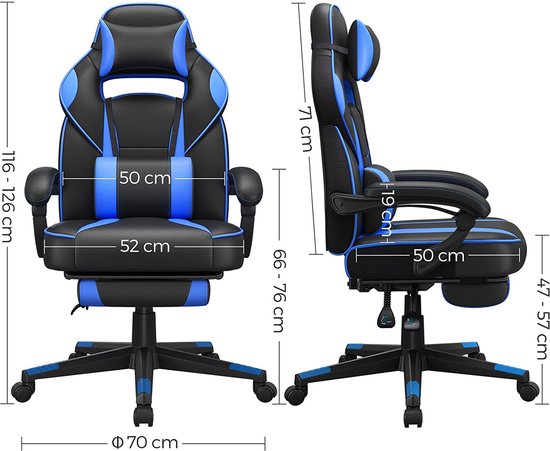 bureaustoel met voetsteun, ergonomisch design,Zwart + blauw verstelbare hoofdsteun, lendensteun, tot 150 kg belastbaar