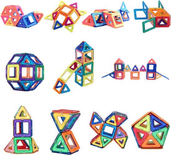 Collage van verschillende magnetische constructies, waaronder een bol, huisjes en een ster.
