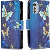 Motorola Moto G22 / E32 / E32s - Portemonnee met rits - book-case hoesje - ruimte voor 9 pasjes - goud blauw vlinders