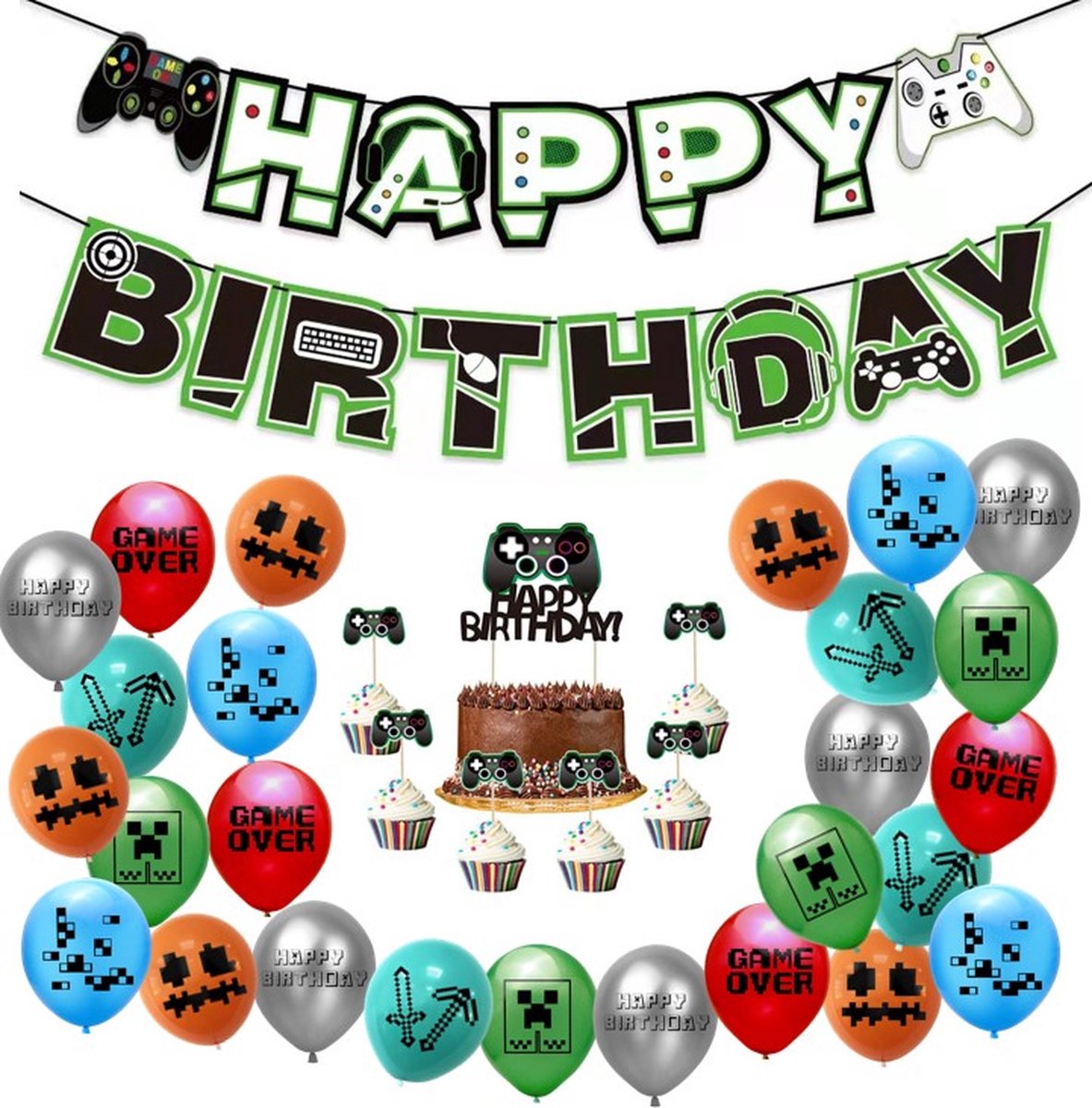TripleAgoods 36 Stuks Pixel Video Game Verjaardag Versiering – Thema Decoratie – Verjaardag versiering voor kinderfeestjes - Decoratie voor verjaardag - Ballonnen/Slingers/Caketoppers - Merkloos