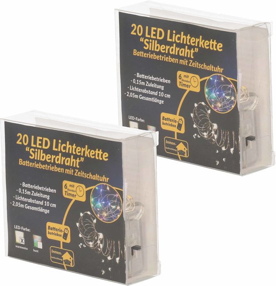 2x Draadverlichting zilver met gekleurde LED lampjes 2 meter op batterijen  met timer -... | bol.com