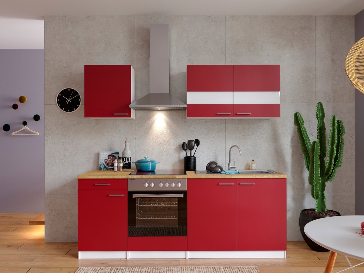 Respekta® Keukenblok 210 cm complete keuken met apparatuur soft close Rood Moderne keuken Malia keramische kookplaat afzuigkap oven spoelbak