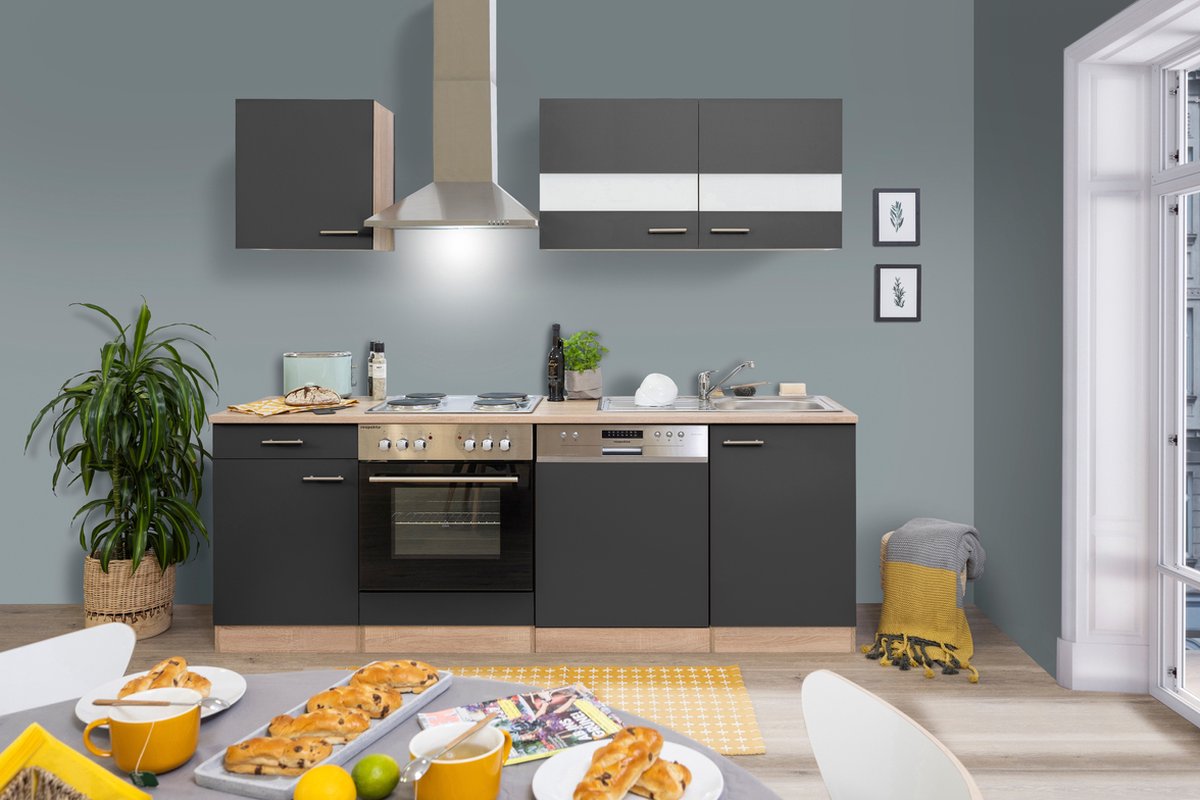 Goedkope keuken 220 cm - complete keuken met apparatuur Merle - Eiken/Grijs - soft close -
