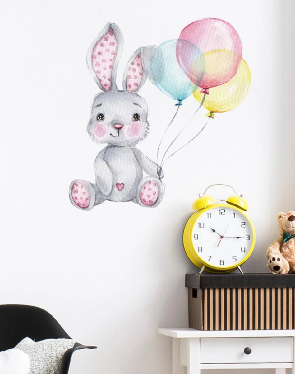 Diamond-Heart - Muursticker Konijn met Ballonnen - Kinderkamer - Babykamer