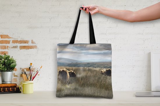 Sac bandoulière - Sac de plage - Shopper Highlanders écossais - Brume - Herbe - 45x45 cm - Sac coton
