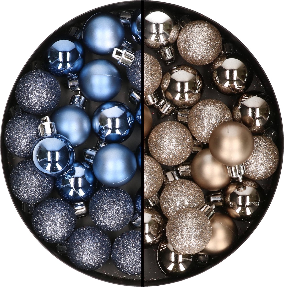 40 donkerblauwe en champagnekleurige kunststof kerstballen van 3 cm voor kerstversiering.