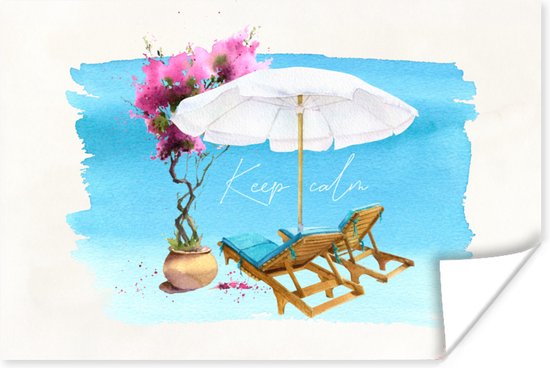 Poster Strandstoel - Bloemen - Parasol - Waterverf