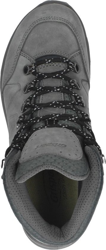 Bovenaanzicht van een grijze Grisport wandelschoen met zwarte veters en perforaties bij de enkel.
