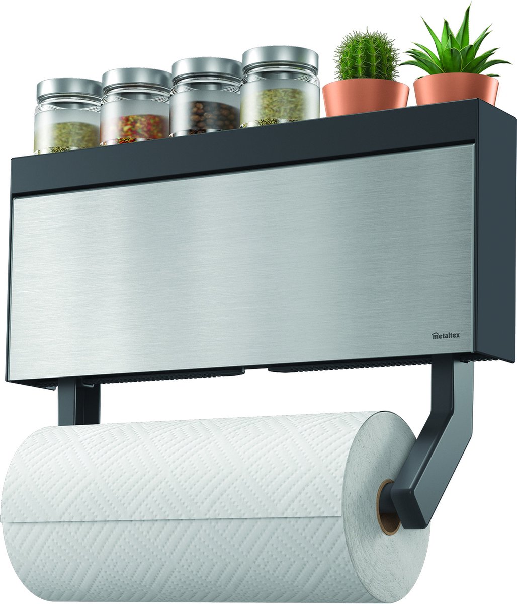 Tomado - Metaltex - Tango 4 in 1 - Keukenrolhouder met snijhulp - Voor aluminium- en vershoudfolie - Kruiden - Haakjes - wandmontage