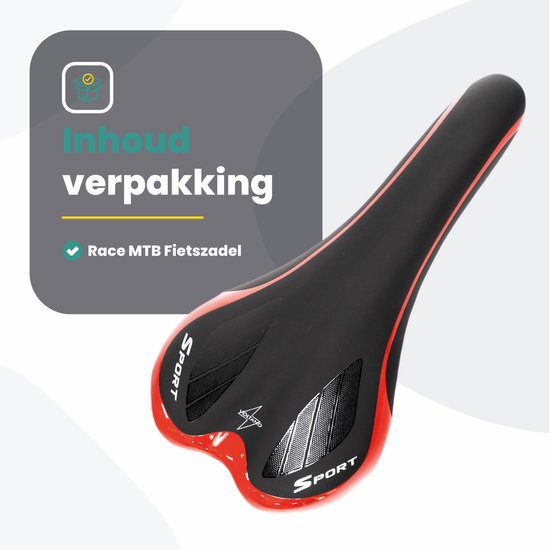 Zwart fietszadel met rode accenten, "SPORT" tekst, "Race MTB Fietszadel" in de verpakking.