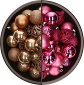 Bellatio Decorations Kerstballen mix - 74-delig - fuchsia roze en camel bruin - 6 cm - kunststof